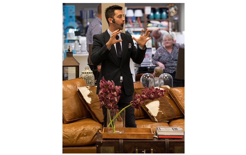 Steve presents his savvy styling tips to guests at Domayne Castle Hill - the stunning 'Hugh' Leather Lounge features in the background