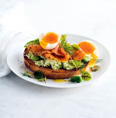 Broad Bean Smash & Smoked Salmon on Bruschetta