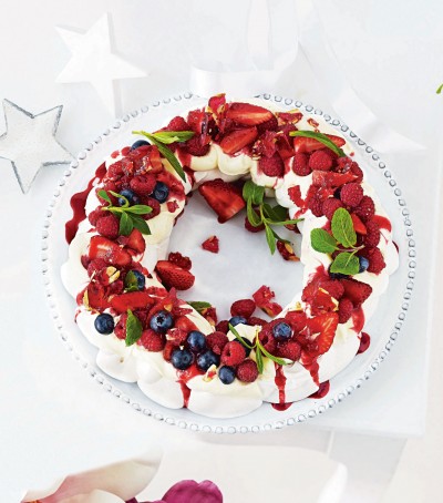 Christmas Pavlova with Boozy Berry Sauce