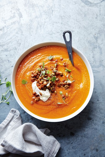Roasted Pumpkin and Carrot Soup with Chickpea Crumble