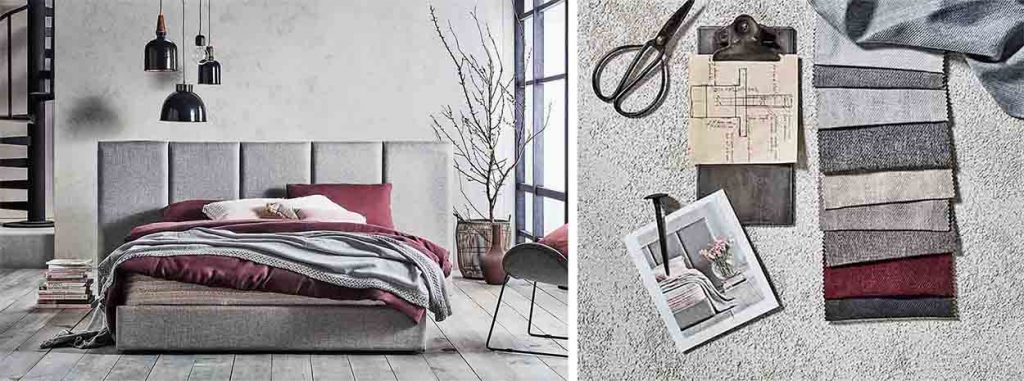 The Marlow Fabric Bed and customisable fabric swatches.